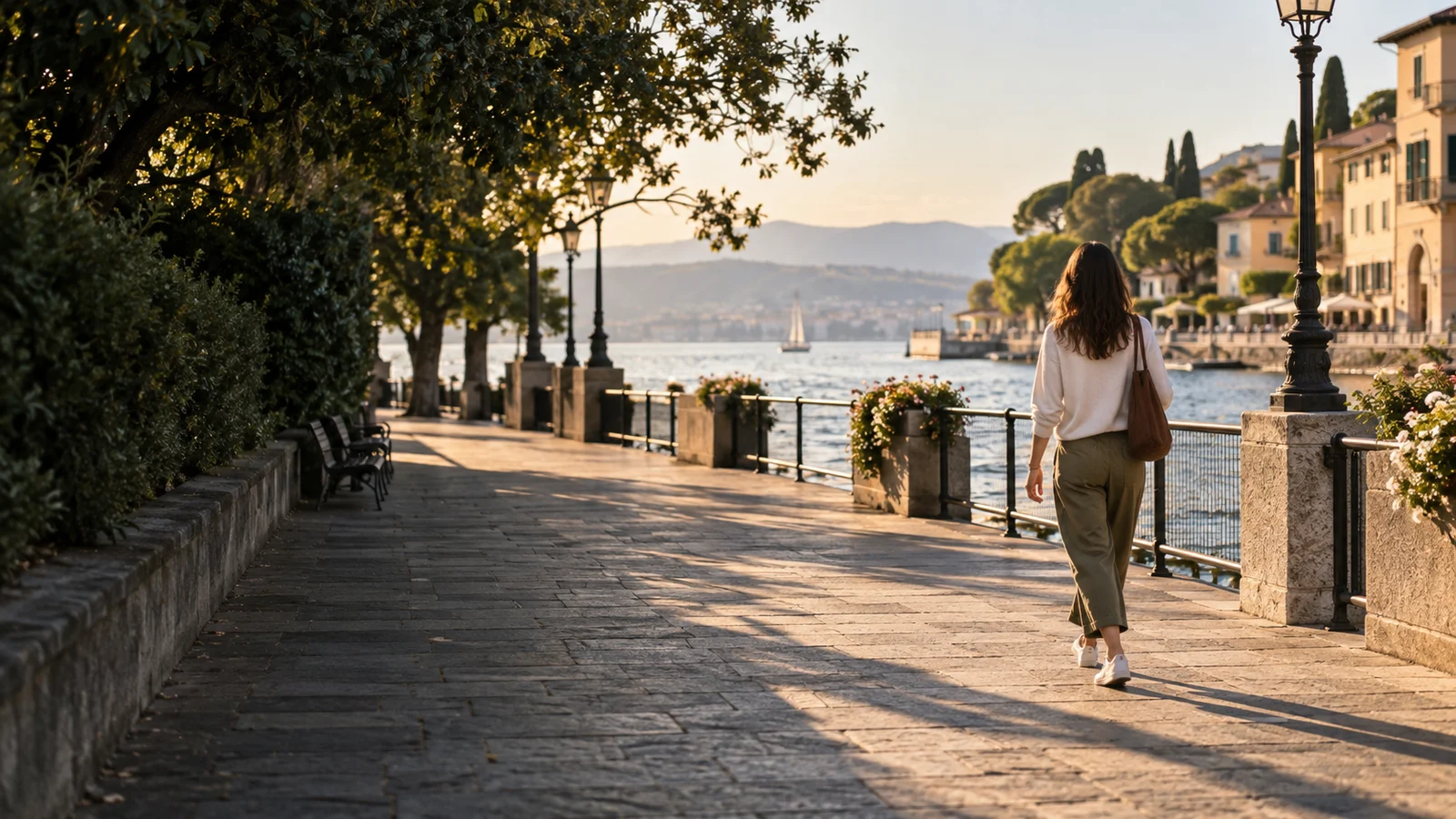 An everyday walk along a sunlit waterfront promenade