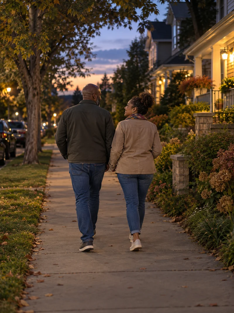 A couple enjoying an evening stroll through their neighborhood