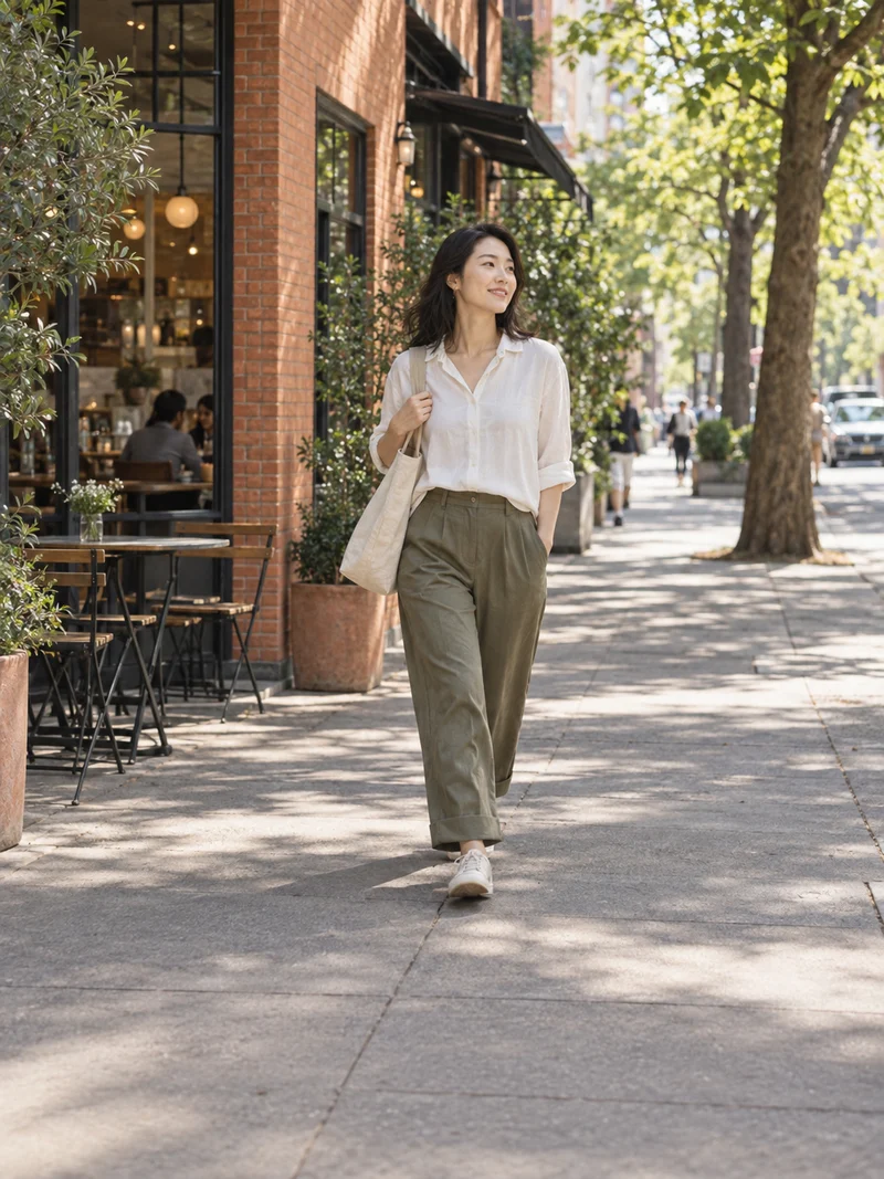 A woman taking a relaxed midday walk past a neighborhood cafe