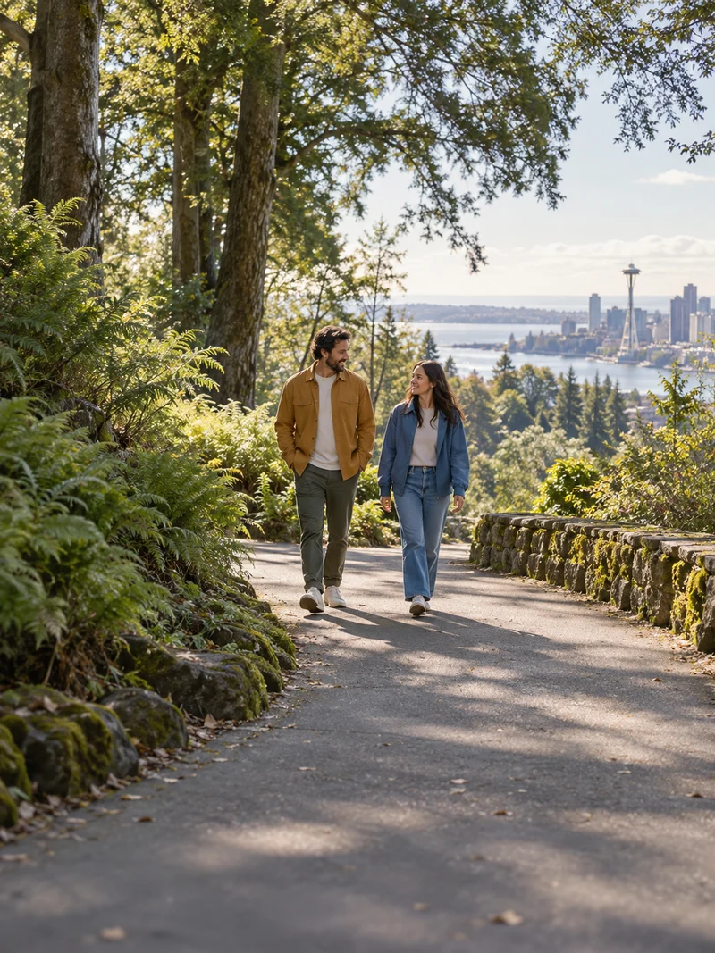Two people exploring a leafy park trail